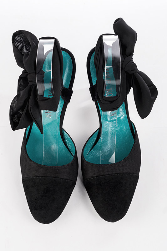 Matt black women's open back shoes, with an ankle scarf. Round toe. High kitten heels. Top view - Florence KOOIJMAN